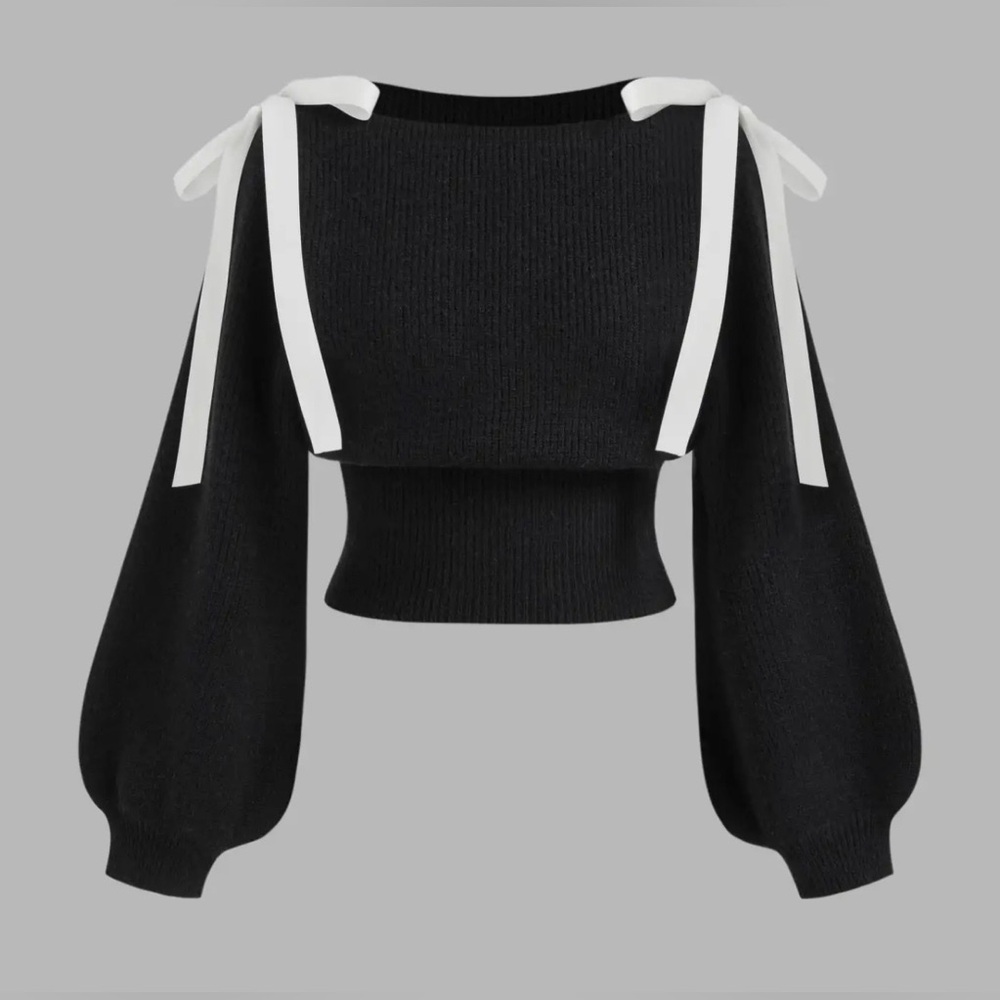 NWT Knit Boat Neck BowKnot Cropped Oversized Sweater